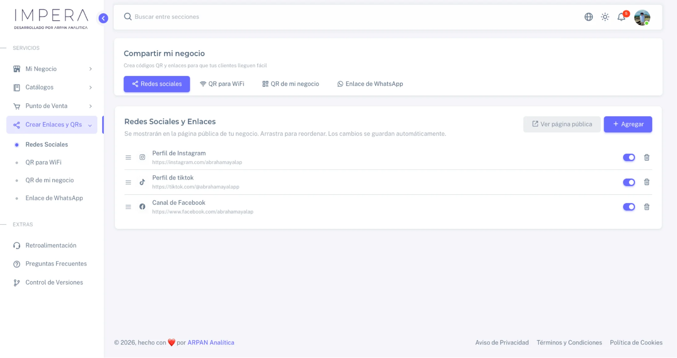 Links Hub y códigos QR en Impera - Redes sociales y WiFi