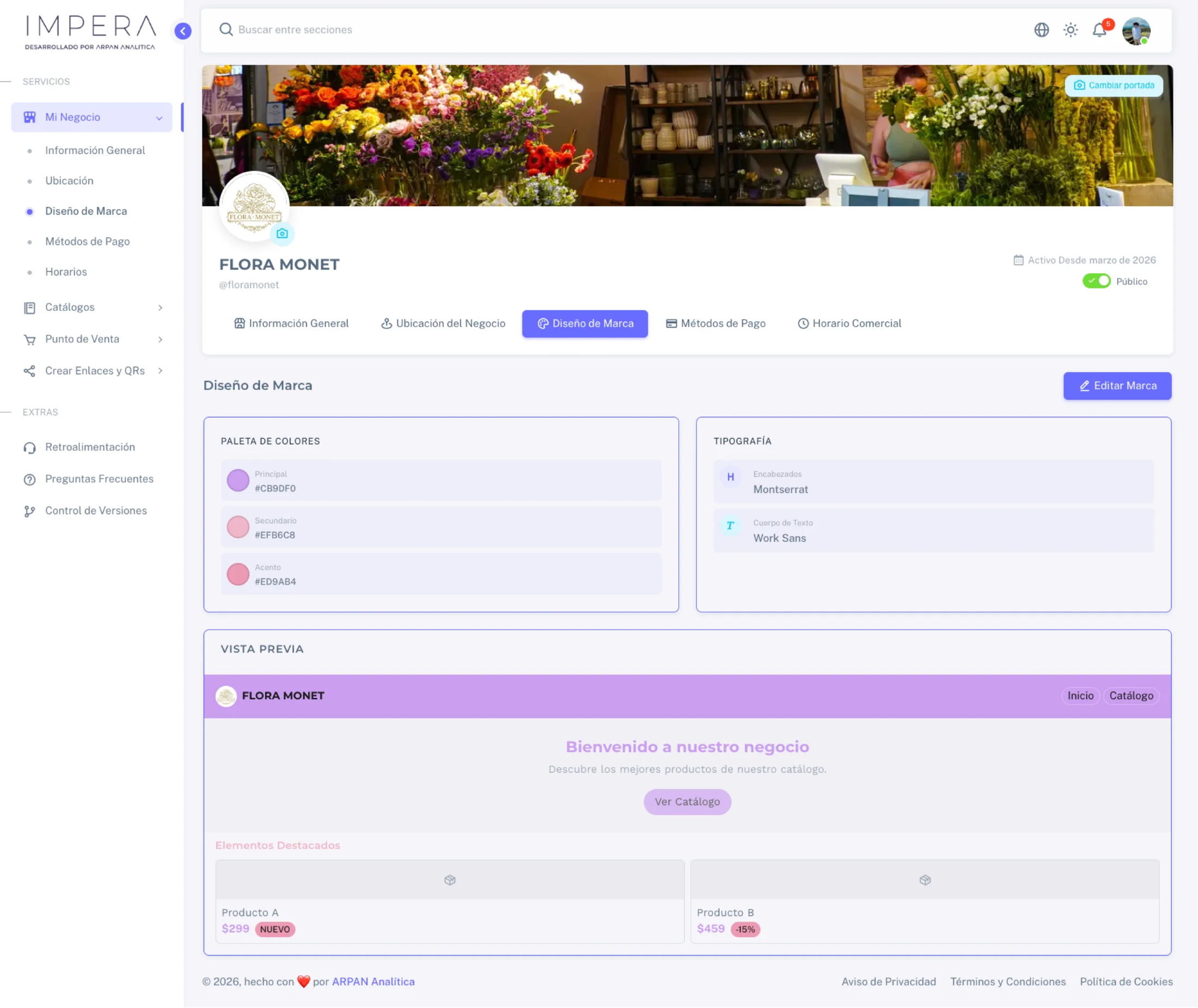 Panel Mi Negocio en Impera - Configuración de identidad y marca